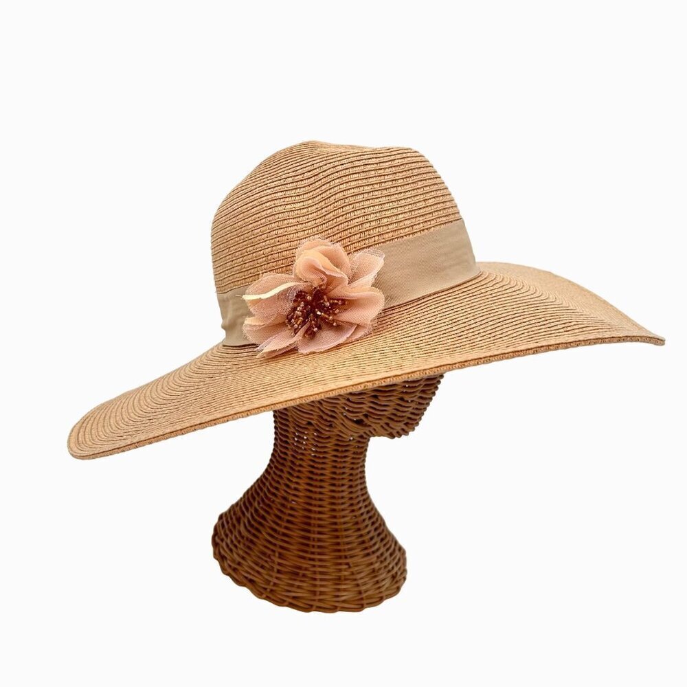 AUGUST HAT COMPANY FLOPPY SUN, DERBY, CHURCH STRAW HAT W/ BEADED FLOWER